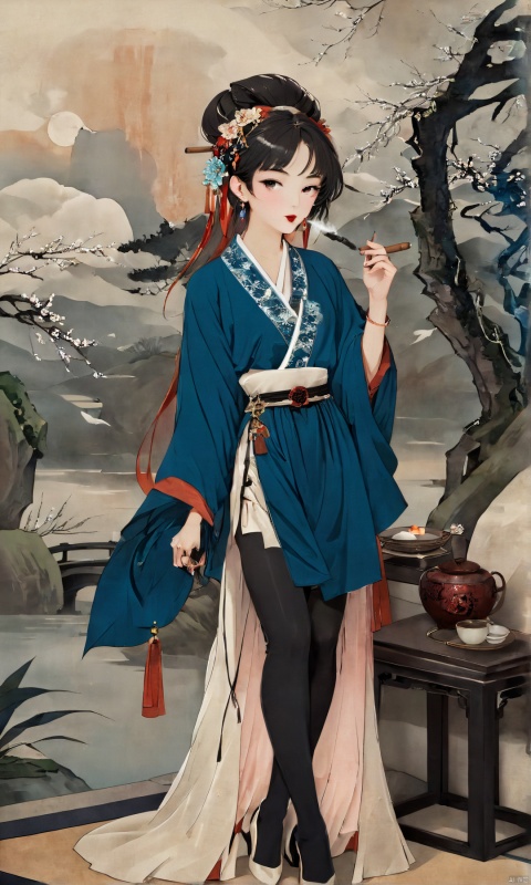  (Young woman: 1.2),(full body:1.2),(Holding a cigar in hand,smoking:1.5), (Traditional Chinese ink painting style: 1.0), Ancient women&#39;s hairstyle, antique short skirt, sexy, showing thighs, (Black stockings: 1.3), Elegant movements, (Simple background), Leave blank,earrings, jewelry, hair ornament, blue eyes, looking at viewer, black hair, blush, makeup, red lips, portrait, tassel earrings, chinese clothes, hair bun, tassel, closed mouth, sketch, single hair bun, updo, eyelashes , Master&#39;s work, High details, (close-up) figures, meticulous paintings, gray tones of antique paintings, delicate embroidery patterns, moonlight on the lake, breeze blowing willows, flying brushstrokes, poetic atmosphere, elegant manners, classical Chinese gardens, simplicity Pavilions, light clouds and smoke, YUUKA