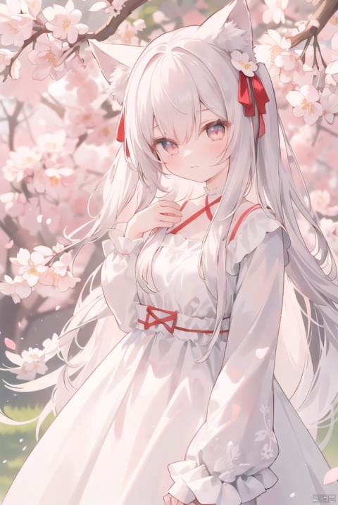  The image features a beautiful anime girl dressed in a flowing white and red dress, standing amidst a flurry of red cherry blossoms. The contrast between her white dress and the red flowers creates a striking visual effect. The lighting in the image is well-balanced, casting a warm glow on the girl and the surrounding flowers. The colors are vibrant and vivid, with the red cherry blossoms standing out against the white sky. The overall style of the image is dreamy and romantic, perfect for a piece of anime artwork. The quality of the image is excellent, with clear details and sharp focus. The girl's dress and the flowers are well-defined, and the background is evenly lit, without any harsh shadows or glare. From a technical standpoint, the image is well-composed, with the girl standing in the center of the frame, surrounded by the blossoms. The use of negative space in the background helps to draw the viewer's attention to the girl and the flowers. The cherry blossoms, often associated with transience and beauty, further reinforce this theme. The girl, lost in her thoughts, seems to be contemplating the fleeting nature of beauty and the passage of time. Overall, this is an impressive image that showcases the photographer's skill in capturing the essence of a scene, as well as their ability to create a compelling narrative through their art.catgirl,loli