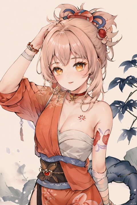((best quality)), ((masterpiece)), ((ultra-detailed)), (illustration), (detailed light), (an extremely delicate and beautiful),((trim)), ultra-detailed,(best quality),((masterpiece)),(highres),original,extremely,,(\xiao gong\),1girl, armpits, breasts, solo, blush, blonde hair, looking at viewer, orange kimono, arms up, japanese clothes, kimono, cleavage, arm tattoo, sweat, red choker, upper body, bandages, arms behind head, white background, simple background, hair between eyes, bangs, chest tattoo, yellow eyes, orange eyes, medium breasts, closed mouth, presenting armpit,1girl,(Traditional Chinese ink painting style: 1.0), Elegant movements, looking at viewer, sketch, Master&#39;s work, High details, (close-up) figures, meticulous paintings, gray tones of antique paintings, delicate embroidery patterns, moonlight on the lake, breeze blowing willows, flying brushstrokes, poetic atmosphere, elegant manners, classical Chinese gardens, simplicity Pavilions, light clouds and smoke, raiden_shogun,kimono,obi, xiangling
