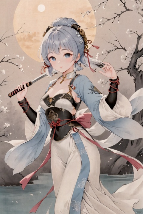 1girl, solo, kamisato_ayaka, breasts, arms_up, weapon, armor, holding, looking_at_viewer, armpits, breastplate, holding_weapon, sword, bridal_gauntlets,  sidelocks, tress_ribbon, holding_sword, arm_guards, light_blue_hair, detached_sleeves, medium_breasts, japanese_clothes, upper_body, :3, 1girl,(Traditional Chinese ink painting style: 1.0),  Elegant movements,  looking at viewer,  sketch, Master&#39;s work, High details, (close-up) figures, meticulous paintings, gray tones of antique paintings, delicate embroidery patterns, moonlight on the lake, breeze blowing willows, flying brushstrokes, poetic atmosphere, elegant manners, classical Chinese gardens, simplicity Pavilions, light clouds and smoke, ,kamisato_ayaka