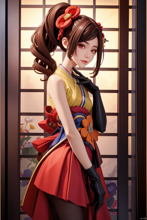 ,qianzhi,hair ornament,red eyes,japanese clothes,brown hair,kimono,gloves,bangs,black gloves,multicolored hair,hair flower,side ponytail,elbow gloves,pantyhose,, 1girl,, (masterpiece,best quality:1.2),absurdres, qianzhi, Ancient China_Indoor scenes
