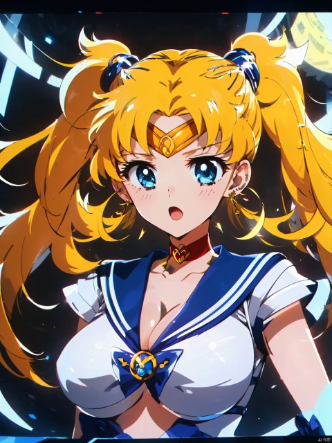  masterpiece, best quality, ,1girl, sailor moon, solo,(upper body:1.3),(cleavage,big boobs:1.2), sailor senshi uniform, tsukino usagi, blonde hair, long hair, blue eyes, gloves, sailor collar, twintails, blue sailor collar, jewelry, red choker, white gloves, earrings, hair bun, choker, double bun, red bow, upper body, bow, crescent, magical girl, open mouth, crescent earrings, elbow gloves, crescent moon, meme, moon, :d, circlet, bangs, looking at viewer, msn, sssr