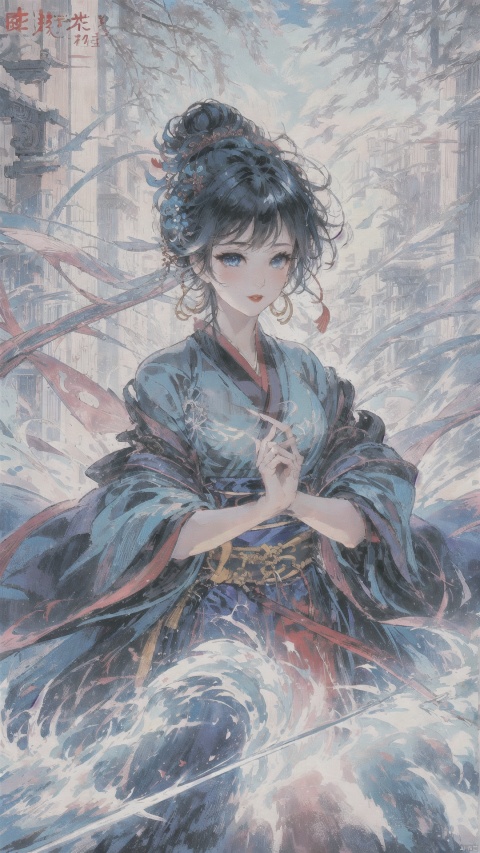 1 girl, solo, (upper body) female focal point, (Hanfu) (kimono) (skirt), blue long hair, (Chinese clothing) (blue eyes) (bright pictures) red lips, bangs, earrings, kimono, Chinese cardigan, print, tassels, (front view) (front view), sword (straight sword) Elemental Whirlwind, Chinese Dragon_ Imagination__ Cloud winding_ Huoyun_ Dragon, Chinese architecture. (Masterpiece), (very detailed CG Unity 8K wallpaper), the best quality, high-resolution illustrations, stunning, highlights, (best lighting, best shadows, a very exquisite and beautiful), (enhanced),sssr