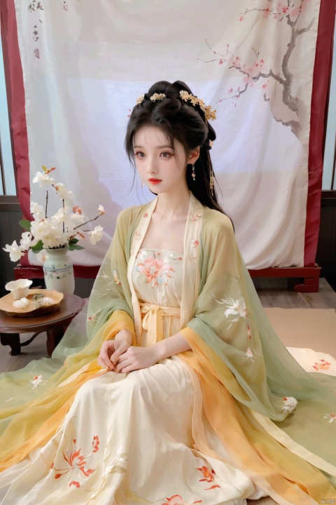  1girl, solo, black long hair, delicate face, shame expression, Hairpins, diamond necklace, hair ornament, long dress, full body, flower, earrings, indoors, hair bun, light yellow dress,(Tube top Hanfu long skirt:1.1), perfect hand, night, chinese clothes, table, branch,daxiushan, ,daxiushan style,(huge breasts:1.6), (full breasts), realistic,hanfu, daxiushan,Shoulders are exposed, daxiushan, arien_hanfu