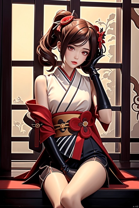 ,qianzhi,hair ornament,red eyes,japanese clothes,brown hair,kimono,gloves,bangs,black gloves,multicolored hair,hair flower,side ponytail,elbow gloves,pantyhose,, 1girl,, (masterpiece,best quality:1.2),absurdres, qianzhi, Ancient China_Indoor scenes