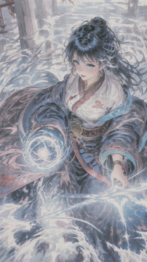 1 girl, (looking up) (positive light) (blue eyes), female focus, (long hair) lightness skill, imperial sword (straight sword) (lightning whirlwind), red lips, bangs, earrings, kimono, Chinese cardigan, print, tassels, Chinese architecture, energy flow, energy fluid, a huge beast composed of energy, Taoist symbols, Multidimensional diffraction paper,sssr