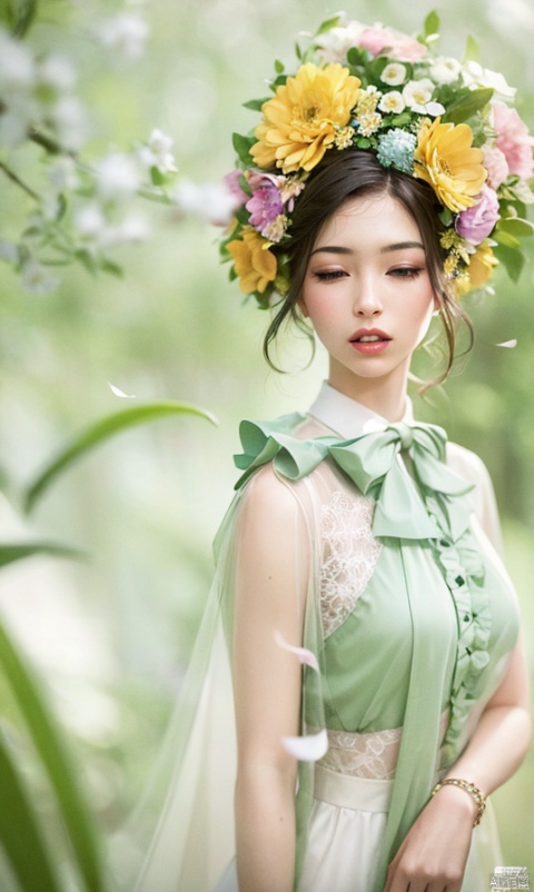  (8k, RAW photo, best quality, masterpiece:1.2), (realistic, photo-realistic:1.4), 1girl, solo, hair accessories, flowers, upper body,big boobs,cleavage, long hair,( hair flowers:1.3), petals, falling petals, dress, veil, mouth closed, black hair, , hand101
