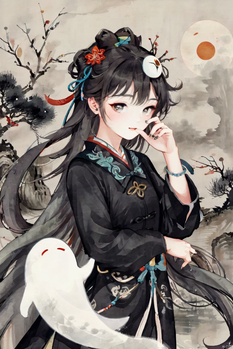 (\hu tao\), 1girl, one eye closed, solo, looking at viewer, black nails, smile, ghost,full body,(:3:1.3), 1girl,(Traditional Chinese ink painting style:1.5), Elegant movements, looking at viewer, sketch, Master&#39;s work, High details, (close-up) figures, meticulous paintings, gray tones of antique paintings, delicate embroidery patterns, moonlight on the lake, breeze blowing willows, flying brushstrokes, poetic atmosphere, elegant manners, classical Chinese gardens, simplicity Pavilions, light clouds and smoke, obi, xiangling, hutao, (hu tao)
