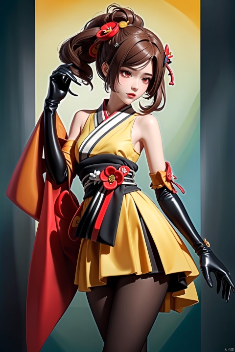 ,qianzhi,hair ornament,red eyes,japanese clothes,brown hair,kimono,gloves,bangs,black gloves,multicolored hair,hair flower,side ponytail,elbow gloves,pantyhose,, 1girl,, (masterpiece,best quality:1.2),absurdres, qianzhi