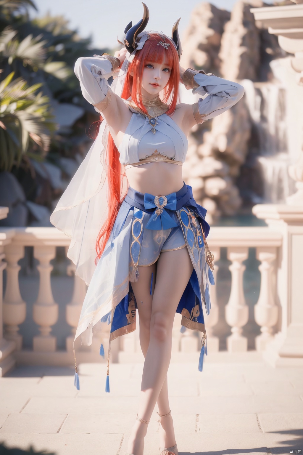  NL,nilou \(genshin impact\),1girl,horns,solo,red hair,high_heels,crop top,long hair,jewelry,veil,blurry background,fake horns,brooch,bangs,blue gemstone,detached sleeves,puffy long sleeves,harem outfit,neck ring,gem,armpits,blue bow,bow,outdoors,blue eyes,midriff,vision \(genshin impact\),bracer,
blue skirt,bare legs,dancer,looking at viewer,circlet,
cosplay,
blunt bangs,, (raw photo:1.2),((photorealistic:1.4))best quality,masterpiece,illustration,an extremely delicate and beautiful,extremely detailed,CG,unity,8k wallpaper,Amazing,finely detail,masterpiece,best quality,official art,extremely detailed CG unity 8k wallpaper,absurdres,incredibly absurdres,huge filesize,ultra-detailed,highres,extremely detailed,beautiful detailed girl,cinematic lighting,1girl,pale skin,tall female,(perfect body shape),skinny body,Slender legs,, pale skin,tall man,long legs,thin leg,
