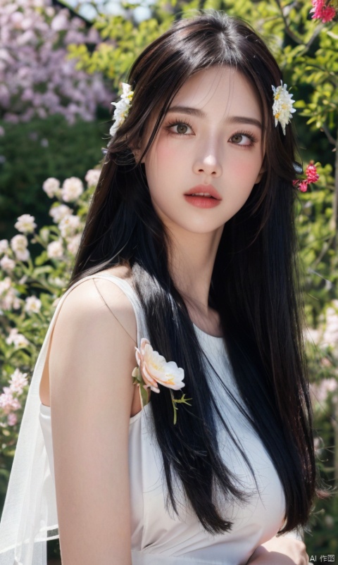  (8k, RAW photo, best quality, masterpiece:1.2), (realistic, photo-realistic:1.4), 1girl, solo, hair accessories, flowers, upper body,big boobs, long hair,(full hair flowers:1.3), petals, falling petals, dress, veil, mouth closed, black hair, , hand101