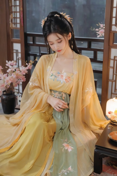  1girl, solo, black long hair, delicate face,pout,embarrassed, shame expression, Hairpins, diamond necklace, hair ornament, long dress, full body, flower, earrings, indoors, hair bun, light yellow dress,(Tube top Hanfu long skirt:1.1),(perfect hand:1.2), night, chinese clothes, table, branch,daxiushan, ,daxiushan style,(huge breasts:1.6), (full breasts), realistic,hanfu, daxiushan,Shoulders are exposed, daxiushan, arien_hanfu