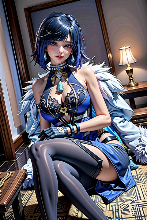 tall girl,long legs,thin legs, masterpiece, best quality, ,1girl, breasts, yelan (genshin impact), solo, green eyes, dice, large breasts, bangs, blue hair, high heels, gloves, looking at viewer, cleavage, short hair, bare shoulders, fur trim, table, white jacket, sitting, jewelry, mole, diagonal bangs, dutch angle, jacket, mole on breast, clothing cutout, fur-trimmed jacket, earrings, bob cut, card, tassel, sleeveless, tight pants, smile, cleavage cutout, indoors, multicolored hair, thighs, elbow gloves, holding, dress, pants, black gloves, vision (genshin impact), blush, blue dress,kbxll