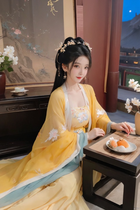  1girl, solo, black long hair, delicate face, (ahegao:1.5),Hairpins, diamond necklace, hair ornament, long dress, full body, flower, earrings, indoors, hair bun, light yellow dress,(Tube top Hanfu long skirt:1.1),(perfect hand:1.2), night, chinese clothes, table, branch,daxiushan, ,daxiushan style,(huge breasts:1.6), (full breasts), realistic,hanfu, daxiushan,Shoulders are exposed, daxiushan, arien_hanfu