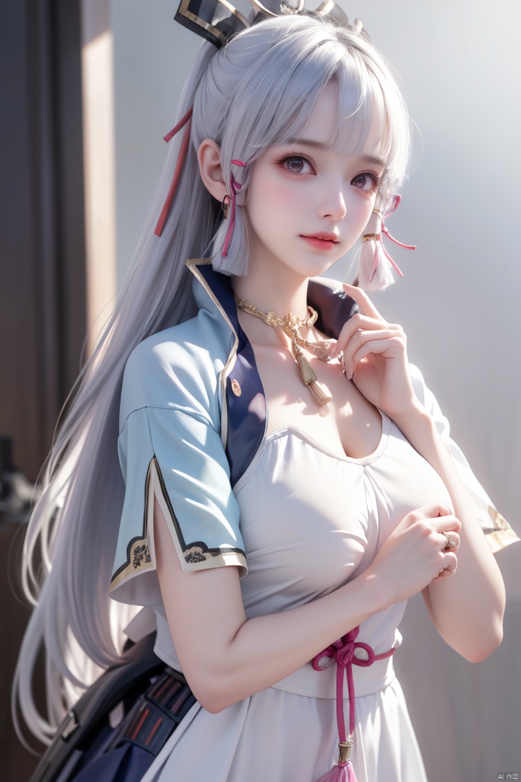 1girl,(upper body:1.2),(Perfect Fingers:1.8), perfect legs,solo,see-through_nipples,
(covered nipples:1.1),kamisato ayaka,1girl,long hair,blue hair,ponytail,hair ribbon, hair ornament,mole under eye, blue eyes,breastplate,armor, short sleeves,japanese clothes,blue skirt, tassel,gloves, arm guards, grey background, smile,closed mouth, ,, (raw photo:1.2),((photorealistic:1.4))best quality,masterpiece,illustration,an extremely delicate and beautiful,extremely detailed,CG,unity,8k wallpaper,Amazing,finely detail,masterpiece,best quality,official art,extremely detailed CG unity 8k wallpaper,absurdres,incredibly absurdres,huge filesize,ultra-detailed,highres,extremely detailed,beautiful detailed girl,cinematic lighting,1girl,pale skin,tall female,(perfect body shape),skinny body,Slender legs,, pale skin,tall man,long legs,thin leg,kamisato ayaka, kamisato ayaka