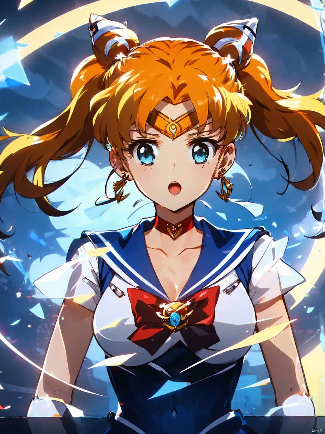  masterpiece, best quality, ,1girl, sailor moon, solo,(upper body:1),(cleavage,big boobs:1), sailor senshi uniform, tsukino usagi, blonde hair, long hair, blue eyes, gloves, sailor collar, twintails, blue sailor collar, jewelry, red choker, white gloves, earrings, hair bun, choker, double bun, red bow, upper body, bow, crescent, magical girl, open mouth, crescent earrings, elbow gloves, crescent moon, meme, moon, :d, circlet, bangs, looking at viewer, msn, sssr