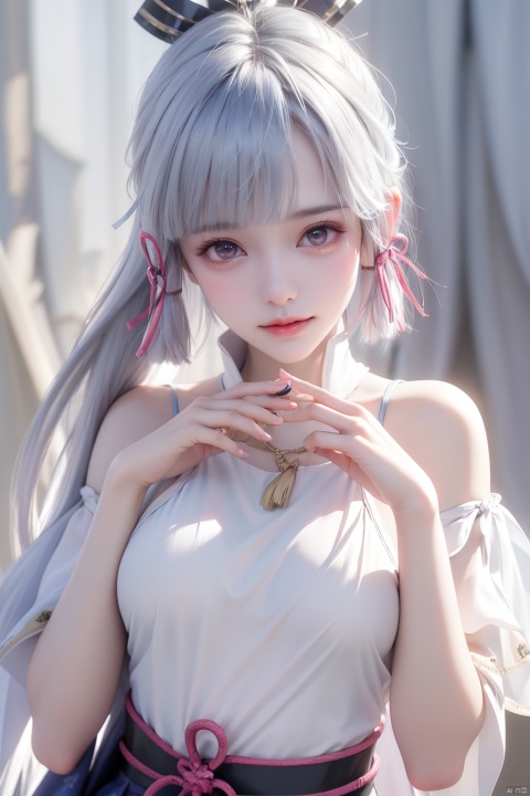 1girl,(upper body:1.2),(Perfect Fingers:1.8), perfect legs,solo,see-through_nipples,
(covered nipples:1.1),kamisato ayaka,1girl,long hair,blue hair,ponytail,hair ribbon, hair ornament,mole under eye, blue eyes,breastplate,armor, short sleeves,japanese clothes,blue skirt, tassel,gloves, arm guards, grey background, smile,closed mouth, ,, (raw photo:1.2),((photorealistic:1.4))best quality,masterpiece,illustration,an extremely delicate and beautiful,extremely detailed,CG,unity,8k wallpaper,Amazing,finely detail,masterpiece,best quality,official art,extremely detailed CG unity 8k wallpaper,absurdres,incredibly absurdres,huge filesize,ultra-detailed,highres,extremely detailed,beautiful detailed girl,cinematic lighting,1girl,pale skin,tall female,(perfect body shape),skinny body,Slender legs,, pale skin,tall man,long legs,thin leg,kamisato ayaka, kamisato ayaka