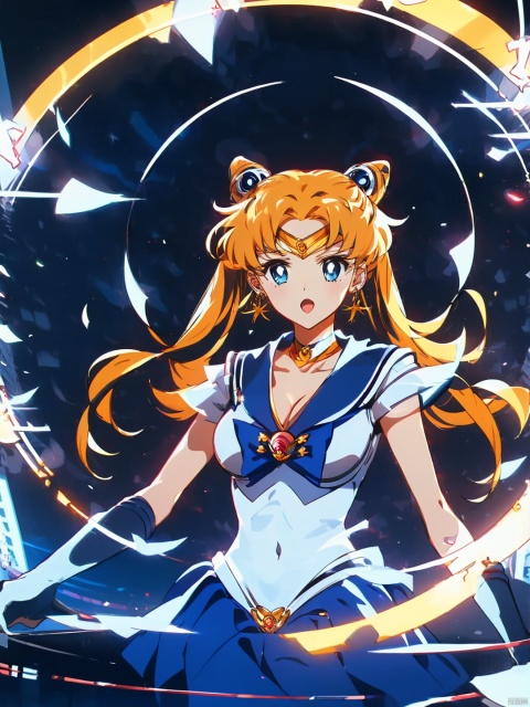  masterpiece, best quality, ,1girl, sailor moon, solo,(upper body:0.8),(cleavage,big boobs:1), sailor senshi uniform, tsukino usagi, blonde hair, long hair, blue eyes, gloves, sailor collar, twintails, blue sailor collar, jewelry, red choker, white gloves, earrings, hair bun, choker, double bun, red bow, upper body, bow, crescent, magical girl, open mouth, crescent earrings, elbow gloves, crescent moon, meme, moon, :d, circlet, bangs, looking at viewer, msn, sssr