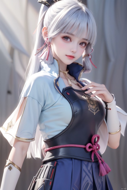 1girl,(upper body:1.2),(Perfect Fingers:1.8), perfect legs,solo,see-through_nipples,
(covered nipples:1.1),kamisato ayaka,1girl,long hair,blue hair,ponytail,hair ribbon, hair ornament,mole under eye, blue eyes,breastplate,armor, short sleeves,japanese clothes,blue skirt, tassel,gloves, arm guards, grey background, smile,closed mouth, ,, (raw photo:1.2),((photorealistic:1.4))best quality,masterpiece,illustration,an extremely delicate and beautiful,extremely detailed,CG,unity,8k wallpaper,Amazing,finely detail,masterpiece,best quality,official art,extremely detailed CG unity 8k wallpaper,absurdres,incredibly absurdres,huge filesize,ultra-detailed,highres,extremely detailed,beautiful detailed girl,cinematic lighting,1girl,pale skin,tall female,(perfect body shape),skinny body,Slender legs,, pale skin,tall man,long legs,thin leg,kamisato ayaka, kamisato ayaka