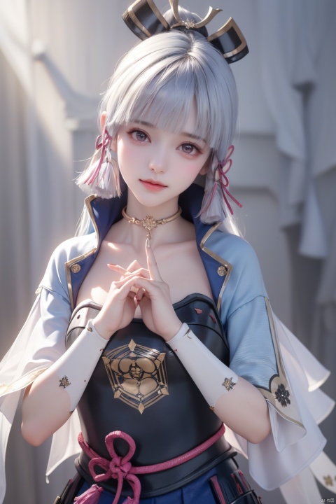  1girl,(upper body:1.2),(Perfect Fingers:1.8), perfect legs,solo,see-through_nipples,
(covered nipples:1.1),kamisato ayaka,1girl,long hair,blue hair,ponytail,hair ribbon, hair ornament,mole under eye, blue eyes,breastplate,armor, short sleeves,japanese clothes,blue skirt, tassel,gloves, arm guards, grey background, smile,closed mouth, ,, (raw photo:1.2),((photorealistic:1.4))best quality,masterpiece,illustration,an extremely delicate and beautiful,extremely detailed,CG,unity,8k wallpaper,Amazing,finely detail,masterpiece,best quality,official art,extremely detailed CG unity 8k wallpaper,absurdres,incredibly absurdres,huge filesize,ultra-detailed,highres,extremely detailed,beautiful detailed girl,cinematic lighting,1girl,pale skin,tall female,(perfect body shape),skinny body,Slender legs,, pale skin,tall man,long legs,thin leg,kamisato ayaka, kamisato ayaka