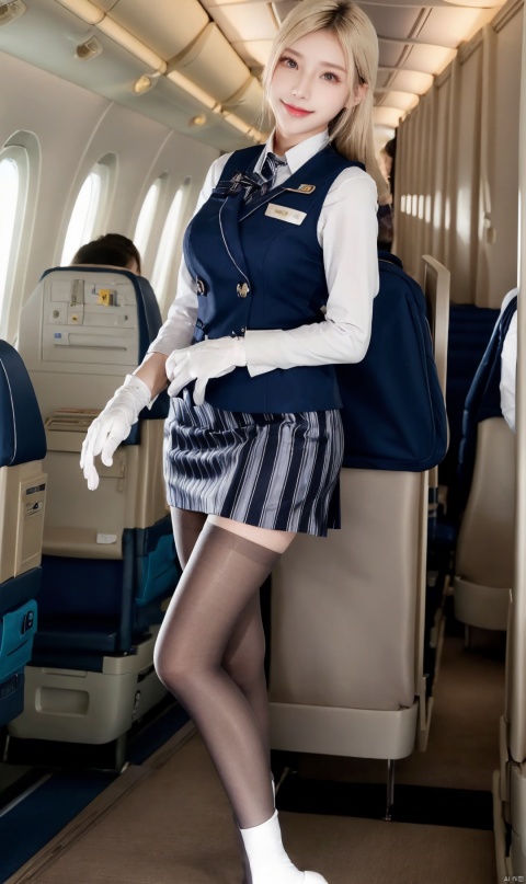 masterpiece, best quality, masterpiece,best quality,official art,extremely detailed CG unity 8k wallpaper, ((masterpiece,best quality)),1girl,solo,(long legs,big boobs,dynamic pose,full body:1.2),(stewardess:1.5),uniform,black pantyhose,( white tight gloves:1.5),airplane,,realistic,blonde, pale skin,young female,looking at viewer ,pose for picture,seductive smile, perfect body,lips,  skirt,, vest,striped,black pantyhose,jingling, (masterpiece, high quality:1.2),vest, skirt, Gloves,pencil skirt