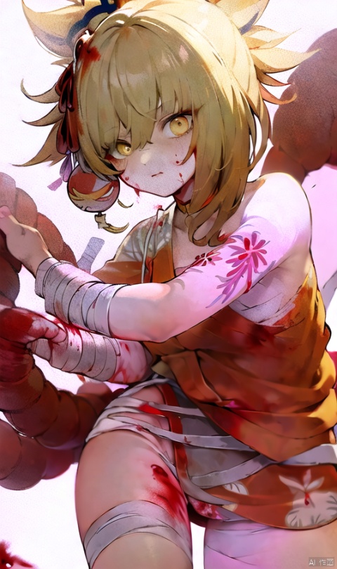  masterpiece, best quality, 1girl,(long legs:1.1), yoimiya \(genshin impact\), official clothes, yellow eyes, , cinematic angle, white background, pink background,facing viewer,(fighting_stance:1.2),(She had wounds on her arms and legs, blood stains on the bandage, one eye swollen and unable to open, and her nose bleeding:1.3), sssr