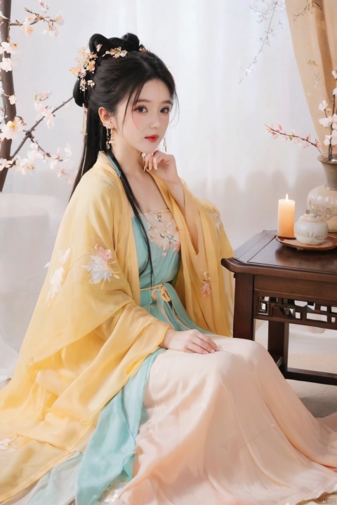  1girl, solo, black long hair, delicate face,pout,embarrassed, shame expression, Hairpins, diamond necklace, hair ornament, long dress, full body, flower, earrings, indoors, hair bun, light yellow dress,(Tube top Hanfu long skirt:1.1),(perfect hand:1.2), night, chinese clothes, table, branch,daxiushan, ,daxiushan style,(huge breasts:1.6), (full breasts), realistic,hanfu, daxiushan,Shoulders are exposed, daxiushan, arien_hanfu