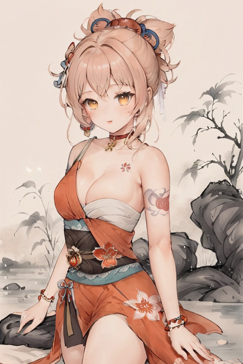 (\xiao gong\),1girl, breasts, solo, blush, blonde hair, looking at viewer, orange kimono, japanese clothes, kimono, cleavage, arm tattoo, sweat, red choker, (full body:1.4), bandages, white background, simple background, hair between eyes, bangs, chest tattoo, yellow eyes, orange eyes, medium breasts, (:3:1.3), 1girl,(Traditional Chinese ink painting style:1.5), Elegant movements, looking at viewer, sketch, Master&#39;s work, High details, (close-up) figures, meticulous paintings, gray tones of antique paintings, delicate embroidery patterns, moonlight on the lake, breeze blowing willows, flying brushstrokes, poetic atmosphere, elegant manners, classical Chinese gardens, simplicity Pavilions, light clouds and smoke, obi, xiangling