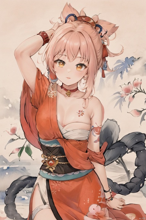 (\xiao gong\),1girl, armpits, breasts, solo, blush, blonde hair, looking at viewer, orange kimono, arms up, japanese clothes, kimono, cleavage, arm tattoo, sweat, red choker, full body, bandages, arms behind head, white background, simple background, hair between eyes, bangs, chest tattoo, yellow eyes, orange eyes, medium breasts, closed mouth, presenting armpit,1girl,(Traditional Chinese ink painting style: 1.0), Elegant movements, looking at viewer, sketch, Master&#39;s work, High details, (close-up) figures, meticulous paintings, gray tones of antique paintings, delicate embroidery patterns, moonlight on the lake, breeze blowing willows, flying brushstrokes, poetic atmosphere, elegant manners, classical Chinese gardens, simplicity Pavilions, light clouds and smoke, raiden_shogun,kimono,obi, xiangling