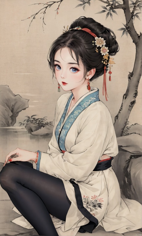  (Young woman: 1.2), (Traditional Chinese ink painting style: 1.0), Ancient women&#39;s hairstyle, antique short skirt, sexy, showing thighs, (Black stockings: 1.3), Elegant movements, (Simple background), Leave blank,earrings, jewelry, hair ornament, blue eyes, looking at viewer, black hair, blush, makeup, red lips, portrait,  tassel earrings, chinese clothes, hair bun, tassel, closed mouth, sketch, single hair bun, updo, eyelashes , Master&#39;s work, High details, (close-up) figures, meticulous paintings, gray tones of antique paintings, delicate embroidery patterns, moonlight on the lake, breeze blowing willows, flying brushstrokes, poetic atmosphere, elegant manners, classical Chinese gardens, simplicity Pavilions, light clouds and smoke