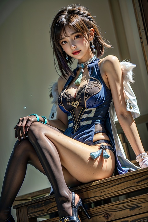  tall girl,long legs,thin legs, masterpiece, best quality, ,1girl, breasts, yelan (genshin impact), solo, green eyes, dice, large breasts, bangs, blue hair, high heels, gloves, looking at viewer, cleavage, short hair, bare shoulders, fur trim, table, white jacket, sitting, jewelry, mole, diagonal bangs, dutch angle, jacket, mole on breast, clothing cutout, fur-trimmed jacket, earrings, bob cut, card, tassel, sleeveless, tight pants, smile, cleavage cutout, indoors, multicolored hair, thighs, elbow gloves, holding, dress, pants, black gloves, vision (genshin impact), blush, blue dress,kbxll