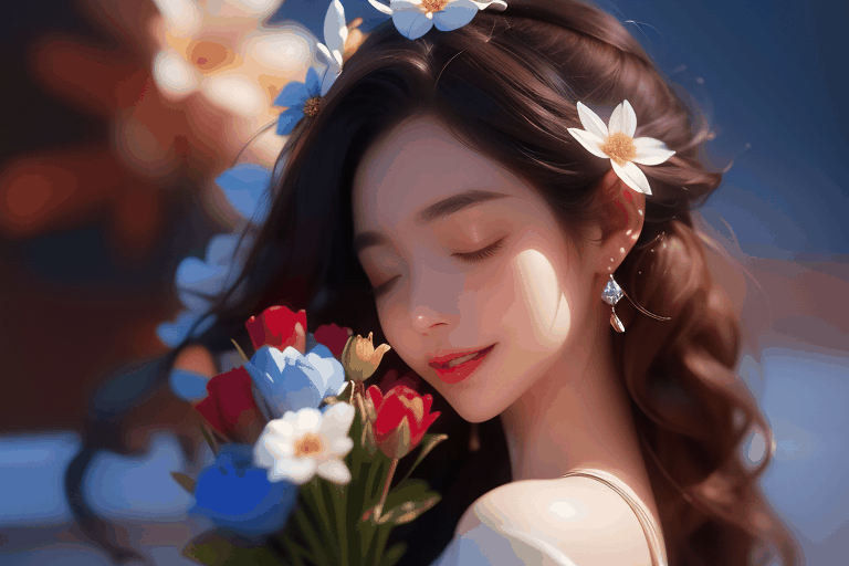  1girl, solo, flower, dress, blurry background, blurry, bouquet, white dress, hair ornament, upper body, closed eyes, realistic, hair flower, lips, black hair, long hair, brown hair, holding, smile, profile, depth of field, 1girl,the magic circle glides straight down from top to bottom,magic brilliance blue shining