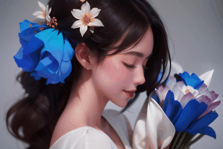  solo,flower,dress,blurry background,blurry,bouquet,white dress,hair ornament,upper body,closed eyes,realistic,hair flower,lips,black hair,long hair,brown hair,holding,smile,profile,depth of field,focuseyes,the magic circle glides straight down from top to bottom,magic brilliance blue shining,1girl,