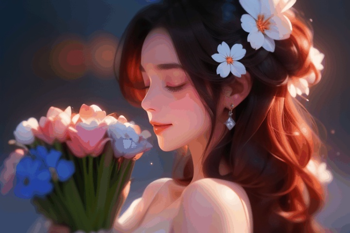  1girl, solo, flower, dress, blurry background, blurry, bouquet, white dress, hair ornament, upper body, closed eyes, realistic, hair flower, lips, black hair, long hair, brown hair, holding, smile, profile, depth of field, 1girl,the magic circle glides straight down from top to bottom,magic brilliance blue shining