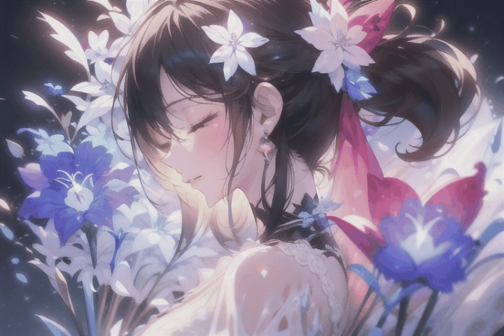 1girl, solo, flower, dress, blurry background, blurry, bouquet, white dress, hair ornament, upper body, closed eyes, realistic, hair flower, lips, black hair, long hair, brown hair, holding, smile, profile, depth of field, 1girl,the magic circle glides straight down from top to bottom,magic brilliance blue shining, fazhen