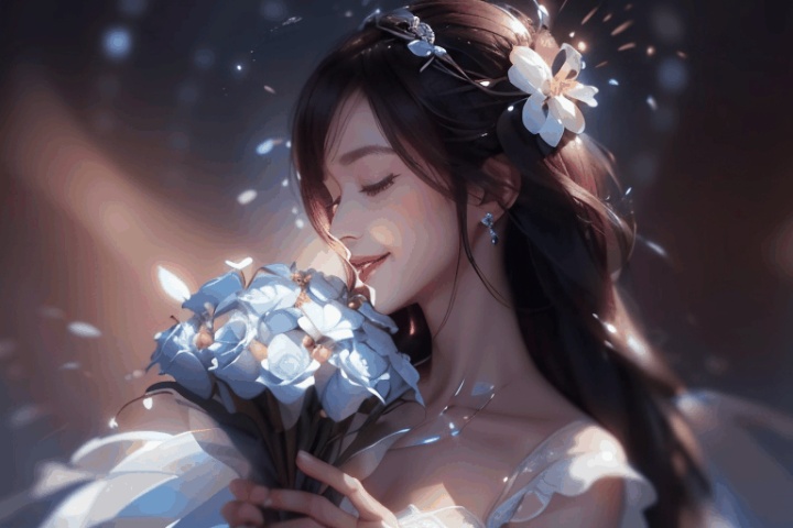  solo, flower, dress, blurry background, blurry, bouquet, white dress, hair ornament, upper body, closed eyes, realistic, hair flower, lips, black hair, long hair, brown hair, holding, smile, profile, depth of field,1girl,the magic circle glides straight down from top to bottom,magic brilliance blue shining, sd mai