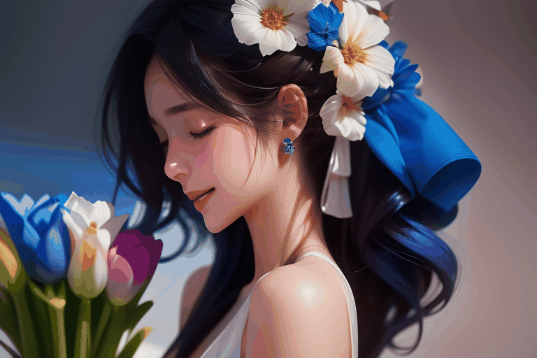  solo,flower,dress,blurry background,blurry,bouquet,white dress,hair ornament,upper body,closed eyes,realistic,hair flower,lips,black hair,long hair,brown hair,holding,smile,profile,depth of field,focuseyes,the magic circle glides straight down from top to bottom,magic brilliance blue shining,1girl,