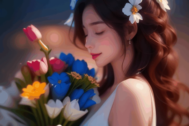  1girl, solo, flower, dress, blurry background, blurry, bouquet, white dress, hair ornament, upper body, closed eyes, realistic, hair flower, lips, black hair, long hair, brown hair, holding, smile, profile, depth of field, 1girl,the magic circle glides straight down from top to bottom,magic brilliance blue shining