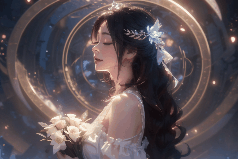  solo, flower, dress, blurry background, blurry, bouquet, white dress, hair ornament, upper body, closed eyes, realistic, hair flower, lips, black hair, long hair, brown hair, holding, smile, profile, depth of field,1girl,the magic circle glides straight down from top to bottom,magic brilliance blue shining, sd mai, 1girl, focuseyes, fazhen