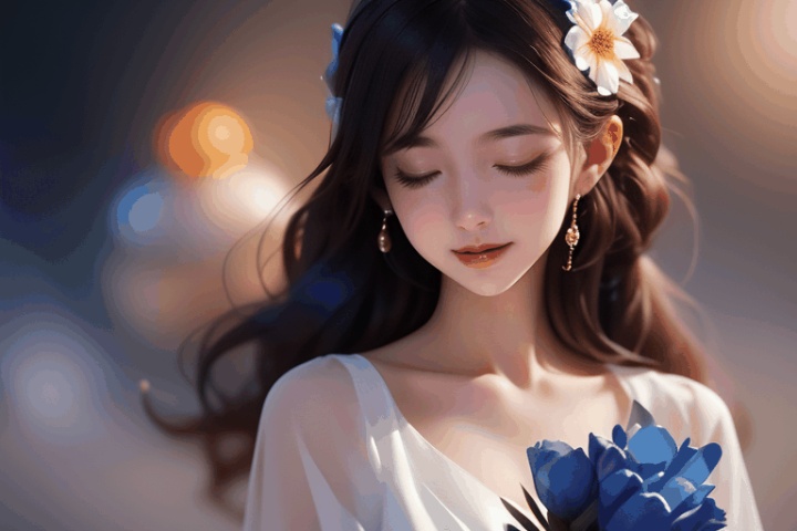 solo,flower,dress,blurry background,blurry,bouquet,white dress,hair ornament,upper body,closed eyes,realistic,hair flower,lips,black hair,long hair,brown hair,holding,smile,profile,depth of field,focuseyes,the magic circle glides straight down from top to bottom,magic brilliance blue shining,1girl,