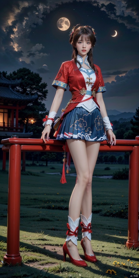 XS,1girl,solo,red footwear,brown hair,looking at viewer,chinese clothes,(hair bun:0.9),short sleeves,blue skirt,long hair,hair ornament,double bun,
blue eyes,bangs,tassel,
scenery,moon,sky,outdoors,cloud,grass,night,tree,east asian architecture,crescent moon,night sky,building,star \(sky\),cloudy sky,nature,flower,
pleated skirt,shoes,anklet,bell,
hair rings,realistic,cosplay,(sitting:1.3), (raw photo:1.2),((photorealistic:1.4))best quality,masterpiece,illustration,an extremely delicate and beautiful,extremely detailed,CG,unity,8k wallpaper,Amazing,finely detail,masterpiece,best quality,official art,extremely detailed CG unity 8k wallpaper,absurdres,incredibly absurdres,huge filesize,ultra-detailed,highres,extremely detailed,beautiful detailed girl,cinematic lighting,1girl,pale skin,tall female,(perfect body shape),skinny body,Slender legs,, pale skin,tall man,long legs,thin leg, hubggirl