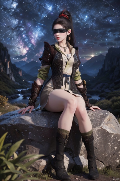 NHY,1girl,solo,long hair,black hair,ponytail,fishnets,armor,rope,(sitting:1.2),single hair bun,headband,ribbon,(blindfold:1.3),
scenery,star \(sky\),sky,starry sky,outdoors,night,tree,night sky,mountain,rock,milky way,cliff,
high ponytail,shoulder armor,pauldrons,boots,jewelry,necklace,
nature,blurry,depth of field,forest,
earrings,bandages,pointy ears,black footwear,
sparkle,mountainous horizon,
topknot,
hair ribbon,
bayonetta,grass,,(close_mouth:1.2),, (raw photo:1.2),((photorealistic:1.4))best quality,masterpiece,illustration,an extremely delicate and beautiful,extremely detailed,CG,unity,8k wallpaper,Amazing,finely detail,masterpiece,best quality,official art,extremely detailed CG unity 8k wallpaper,absurdres,incredibly absurdres,huge filesize,ultra-detailed,highres,extremely detailed,beautiful detailed girl,cinematic lighting,1girl,pale skin,tall female,(perfect body shape),skinny body,Slender legs,, pale skin,tall man,long legs,thin leg,