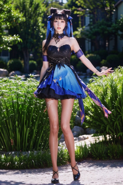 KQ,1girl,dress,solo,black dress,pantyhose,outdoors,black hair,long hair,official alternate costume,ribbon,blue ribbon,blurry background,grass,high heels,hair ornament,black footwear,hair bun,strapless dress,bangs,strapless,ponytail,day,
double bun,bare shoulders,looking at viewer,
cat ears,bow,teeth,blunt bangs,twintails,
tail,keqing \(genshin impact\),skirt,blue skirt,blue dress,, (raw photo:1.2),((photorealistic:1.4))best quality,masterpiece,illustration,an extremely delicate and beautiful,extremely detailed,CG,unity,8k wallpaper,Amazing,finely detail,masterpiece,best quality,official art,extremely detailed CG unity 8k wallpaper,absurdres,incredibly absurdres,huge filesize,ultra-detailed,highres,extremely detailed,beautiful detailed girl,cinematic lighting,1girl,pale skin,tall female,(perfect body shape),skinny body,Slender legs,, pale skin,tall man,long legs,thin leg,