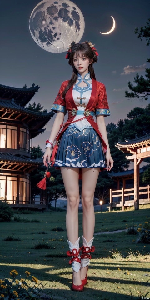 XS,1girl,solo,red footwear,brown hair,looking at viewer,chinese clothes,(hair bun:0.9),short sleeves,blue skirt,long hair,hair ornament,double bun,
blue eyes,bangs,tassel,
scenery,moon,sky,outdoors,cloud,grass,night,tree,east asian architecture,crescent moon,night sky,building,star \(sky\),cloudy sky,nature,flower,
pleated skirt,shoes,anklet,bell,
hair rings,realistic,cosplay,, (raw photo:1.2),((photorealistic:1.4))best quality,masterpiece,illustration,an extremely delicate and beautiful,extremely detailed,CG,unity,8k wallpaper,Amazing,finely detail,masterpiece,best quality,official art,extremely detailed CG unity 8k wallpaper,absurdres,incredibly absurdres,huge filesize,ultra-detailed,highres,extremely detailed,beautiful detailed girl,cinematic lighting,1girl,pale skin,tall female,(perfect body shape),skinny body,Slender legs,, pale skin,tall man,long legs,thin leg, hubggirl