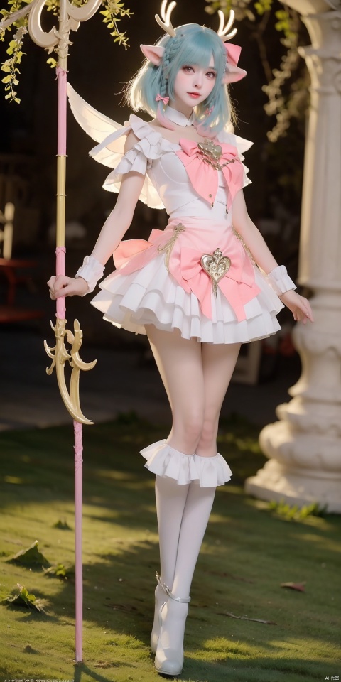 YAO,1girl,solo,bow,animal ears,braid,hair bow,blue hair,antlers,blurry background,wings,looking at viewer,pink bow,blurry,deer ears,hair ornament,multicolored hair,bangs,x hair ornament,dress,pink eyes,medium hair,red bow,outdoors,
white dress,cosplay,
magical girl,heart,short hair,skirt,
flower,pantyhose,frills,key,high heels,
green hair,wrist cuffs,
jewelry,tree,
socks,frilled socks,kneehighs,white skirt,grass,shoes,high heels,, (raw photo:1.2),((photorealistic:1.4))best quality,masterpiece,illustration,an extremely delicate and beautiful,extremely detailed,CG,unity,8k wallpaper,Amazing,finely detail,masterpiece,best quality,official art,extremely detailed CG unity 8k wallpaper,absurdres,incredibly absurdres,huge filesize,ultra-detailed,highres,extremely detailed,beautiful detailed girl,cinematic lighting,1girl,pale skin,tall female,(perfect body shape),skinny body,Slender legs,, pale skin,tall man,long legs,thin leg,