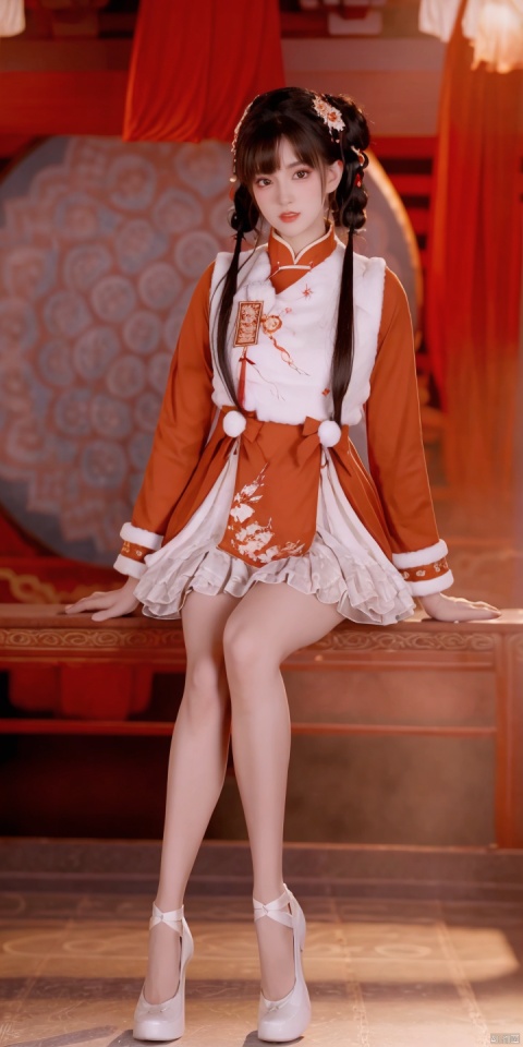 NH,1girl,solo,black hair,long sleeves,dress,chinese clothes,long hair,looking at viewer,hair ornament,bangs,blurry background,fur trim,frills,double bun,hair bun,
twintails,hair flower,flower,realistic,low twintails,skirt,
brown eyes,
white footwear,red dress,white pantyhose,high heels,photo background,alternate costume,virtual youtuber,(sitting:1.3), (raw photo:1.2),((photorealistic:1.4))best quality,masterpiece,illustration,an extremely delicate and beautiful,extremely detailed,CG,unity,8k wallpaper,Amazing,finely detail,masterpiece,best quality,official art,extremely detailed CG unity 8k wallpaper,absurdres,incredibly absurdres,huge filesize,ultra-detailed,highres,extremely detailed,beautiful detailed girl,cinematic lighting,1girl,pale skin,tall female,(perfect body shape),skinny body,Slender legs,, pale skin,tall man,long legs,thin leg,