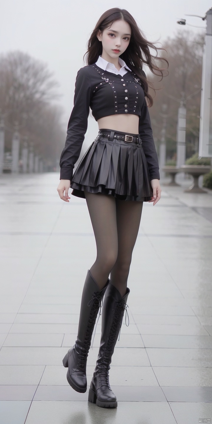 HS,1girl,solo,skirt,pantyhose,boots,long hair,black hair,black footwear,realistic,midriff,shirt,white shirt,looking at viewer,long sleeves,knee boots,blurry,brown eyes,black pantyhose,pleated skirt,outdoors,belt,
crop top,
brown hair,vest,
miniskirt,black skirt,black shirt,belt boots,, (raw photo:1.2),((photorealistic:1.4))best quality,masterpiece,illustration,an extremely delicate and beautiful,extremely detailed,CG,unity,8k wallpaper,Amazing,finely detail,masterpiece,best quality,official art,extremely detailed CG unity 8k wallpaper,absurdres,incredibly absurdres,huge filesize,ultra-detailed,highres,extremely detailed,beautiful detailed girl,cinematic lighting,1girl,pale skin,tall female,(perfect body shape),skinny body,Slender legs,, pale skin,tall man,long legs,thin leg,