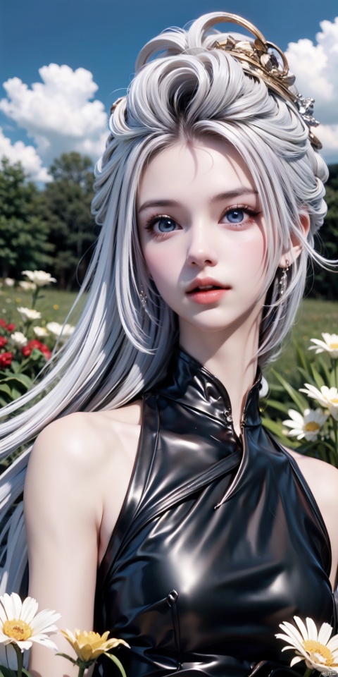 YJ,1girl,solo,dress,long hair,white hair,hair ornament,blue eyes,black dress,outdoors,flower,field,scenery,flower field,(upper body:1.3),(close-up:1.2),, (raw photo:1.2),((photorealistic:1.4))best quality,masterpiece,illustration,an extremely delicate and beautiful,extremely detailed,CG,unity,8k wallpaper,Amazing,finely detail,masterpiece,best quality,official art,extremely detailed CG unity 8k wallpaper,absurdres,incredibly absurdres,huge filesize,ultra-detailed,highres,extremely detailed,beautiful detailed girl,cinematic lighting,1girl,pale skin,tall female,(perfect body shape),skinny body,Slender legs,