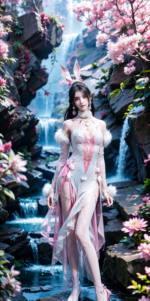 HTXW,1girl,animal ears,solo,rabbit ears,ponytail,long hair,high heels,brown hair,sitting,small chest,looking at viewer,pink dress,hair ornament,earrings,fake animal ears,jewelry,bare shoulders,playboy bunny,fur trim,
scenery,tree,cherry blossoms,outdoors,waterfall,water,petals,sky,day,rock,
pink flower,white dress,low-tied long hair,detached sleeves,necklace,ribbon,
navel cutout,clothing cutout,
navel,
pink bow,multi-tied hair,pink ribbon,high ponytail,hair bow,beads,hair ribbon,armlet,realistic,(standing:1.3), (raw photo:1.2),((photorealistic:1.4))best quality,masterpiece,illustration,an extremely delicate and beautiful,extremely detailed,CG,unity,8k wallpaper,Amazing,finely detail,masterpiece,best quality,official art,extremely detailed CG unity 8k wallpaper,absurdres,incredibly absurdres,huge filesize,ultra-detailed,highres,extremely detailed,beautiful detailed girl,cinematic lighting,1girl,pale skin,tall female,(perfect body shape),skinny body,Slender legs,, pale skin,tall man,long legs,thin leg,