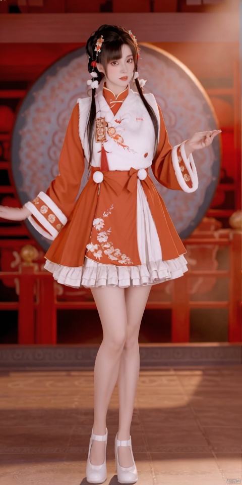 NH,1girl,solo,black hair,long sleeves,dress,chinese clothes,long hair,looking at viewer,hair ornament,bangs,blurry background,fur trim,frills,double bun,hair bun,
twintails,hair flower,flower,realistic,low twintails,skirt,
brown eyes,
white footwear,red dress,white pantyhose,high heels,photo background,alternate costume,virtual youtuber,, (raw photo:1.2),((photorealistic:1.4))best quality,masterpiece,illustration,an extremely delicate and beautiful,extremely detailed,CG,unity,8k wallpaper,Amazing,finely detail,masterpiece,best quality,official art,extremely detailed CG unity 8k wallpaper,absurdres,incredibly absurdres,huge filesize,ultra-detailed,highres,extremely detailed,beautiful detailed girl,cinematic lighting,1girl,pale skin,tall female,(perfect body shape),skinny body,Slender legs,, pale skin,tall man,long legs,thin leg,